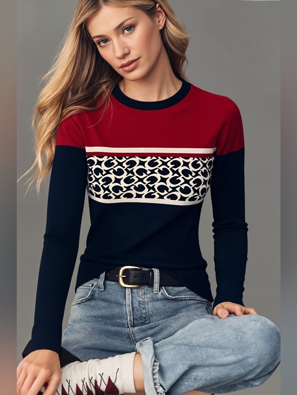 GUESS Colorblock Crewneck Sweater - Red & Black